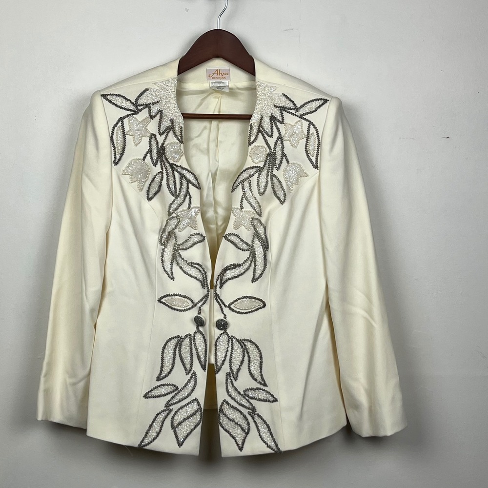 Alyce Designs Cream Beaded Floral Evening Jacket Formal Wedding Guest Sz 14 VTG